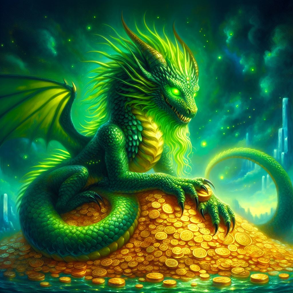 green eyed monster sitting on a pile of gold coins, suggesting that we find out how to stop being jealous