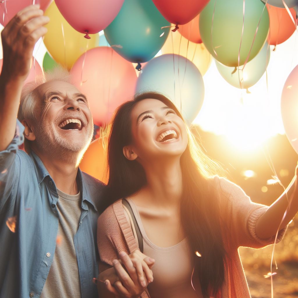 two people celebrating with balloons, suggesting peace and happiness