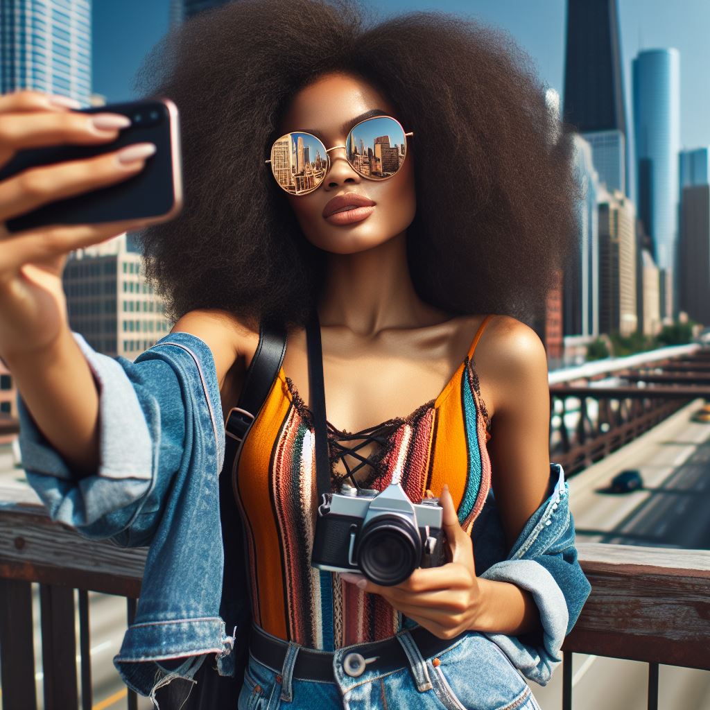 A young black female influencer taking a photo of herself against the backdrop of an industrial city