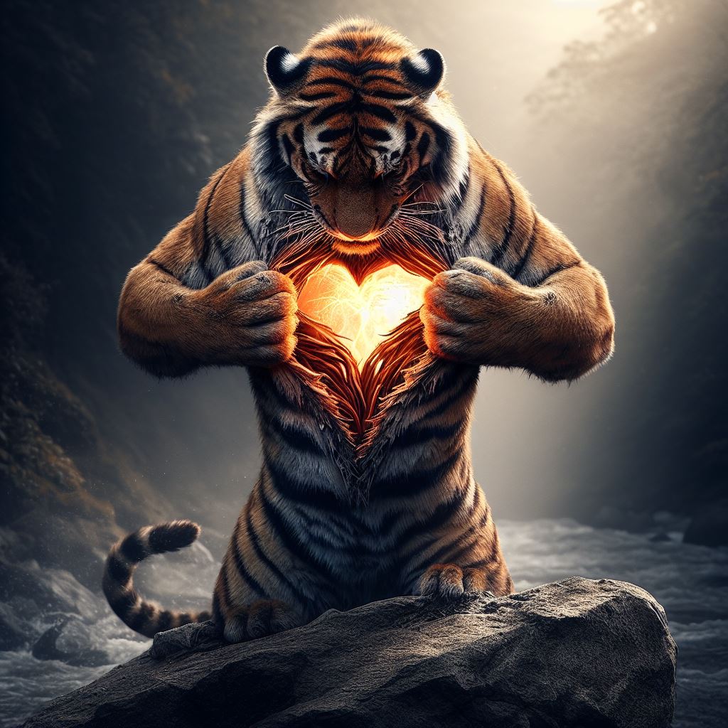 tiger opening chest and looking at its own glowing heart