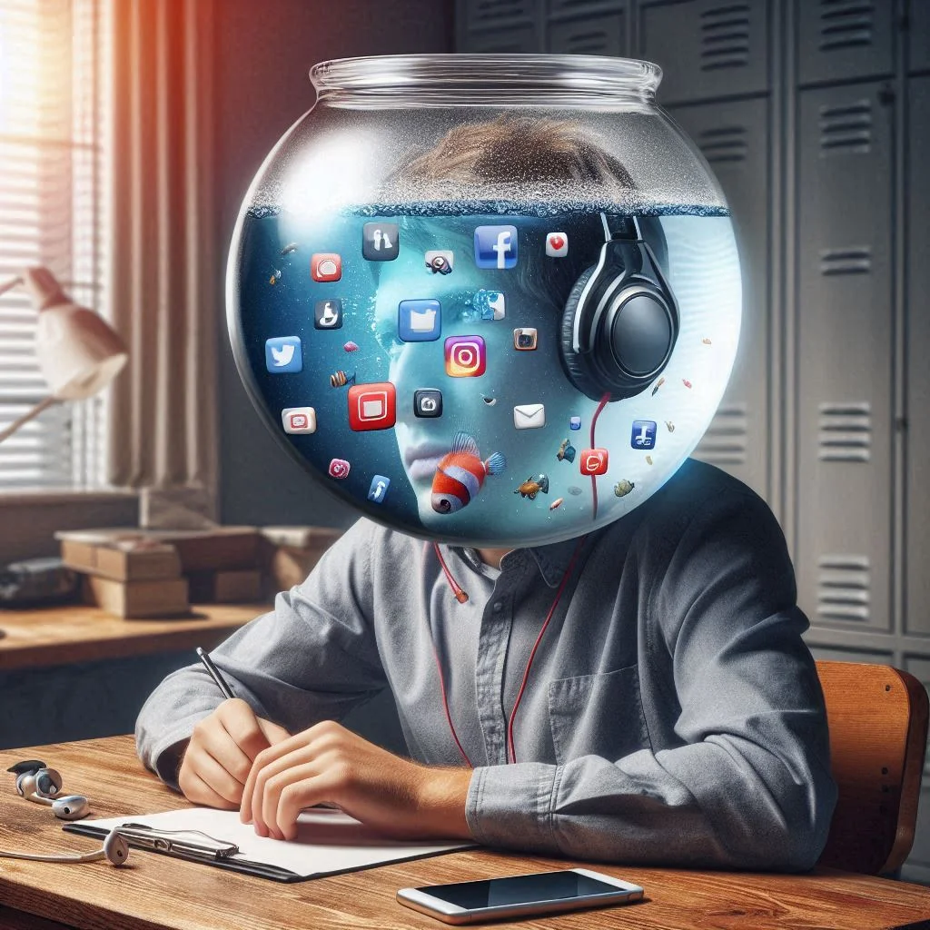 Man sitting at his desk with a fishbowl for head, inside which are lots of floating social media icons