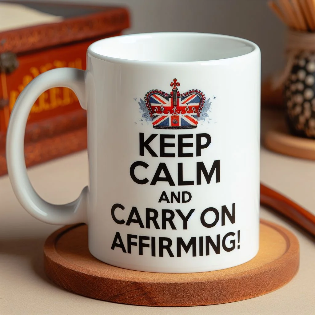 Keep calm and carry on mug suggesting affirmations about positivity