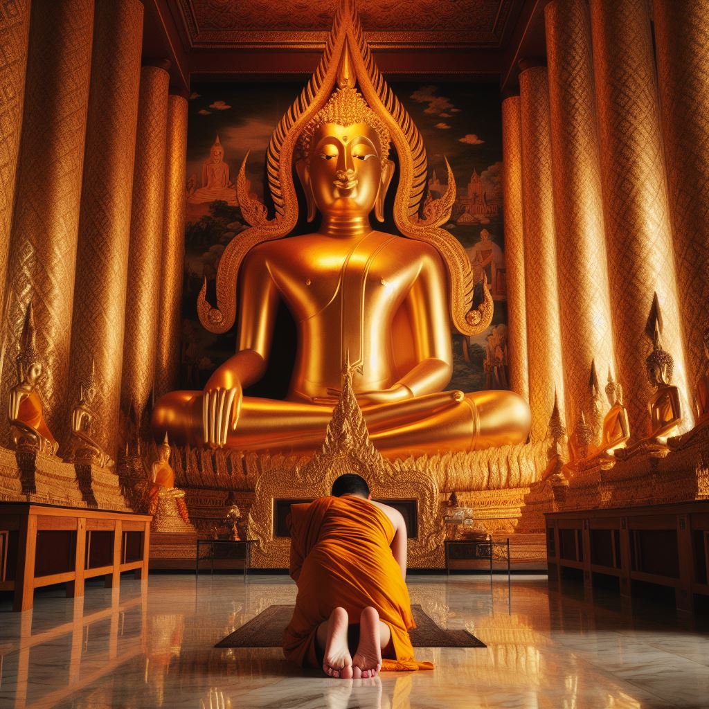 Monk bowing to a golden buddha statue in a Thai temple