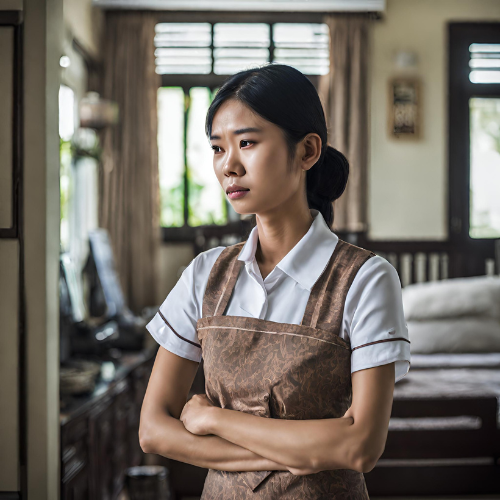 Thai maid looking sad in a modern Thai house