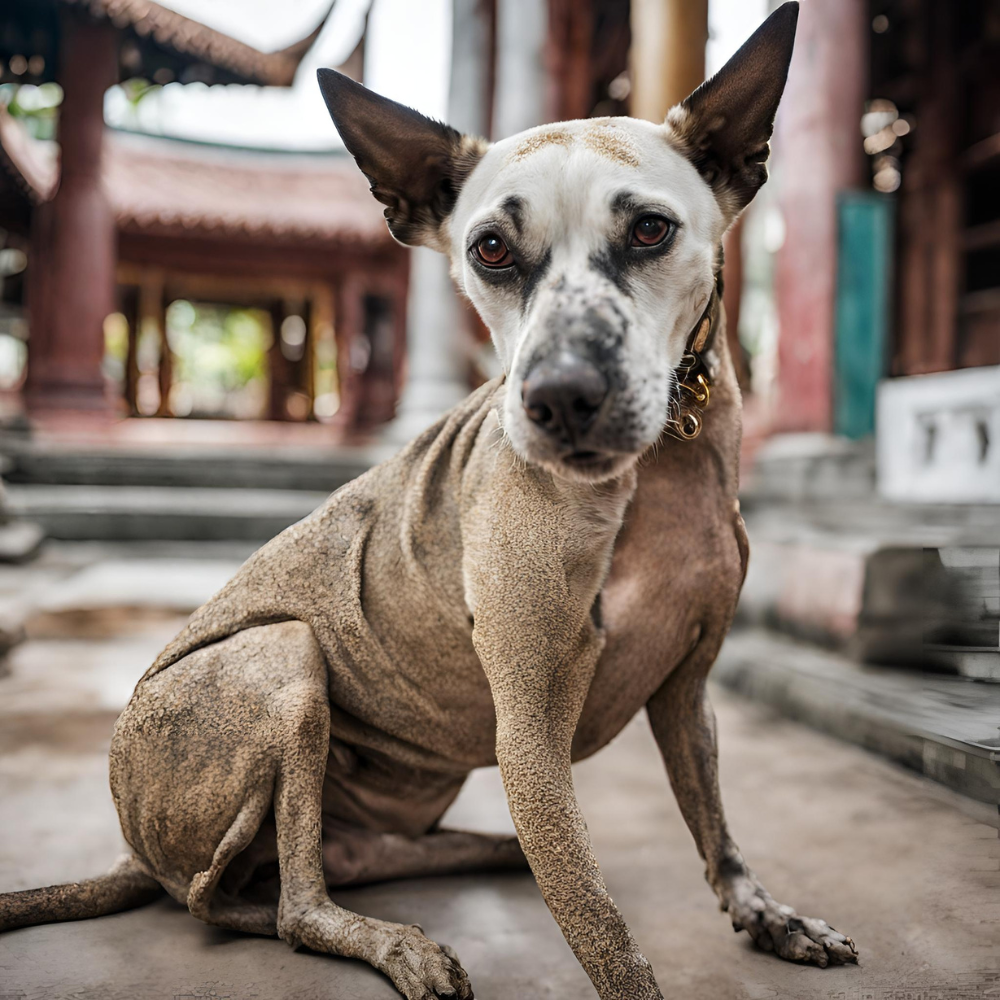 dog with  skin disease sitting in a thai temple