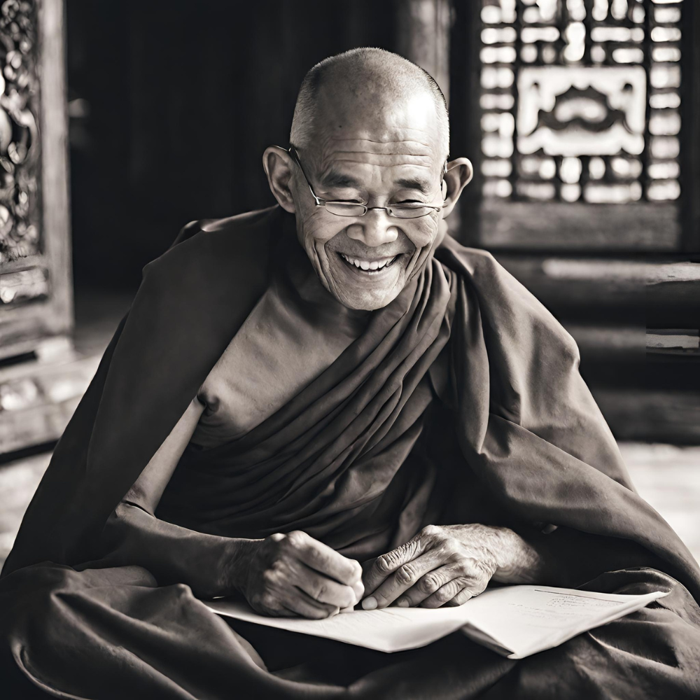 An old thai monk reading a document and smiling