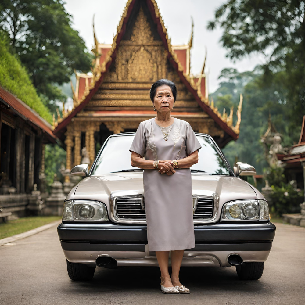 Wealthy thai old lady standing by an expensive car with a thai temple in the background