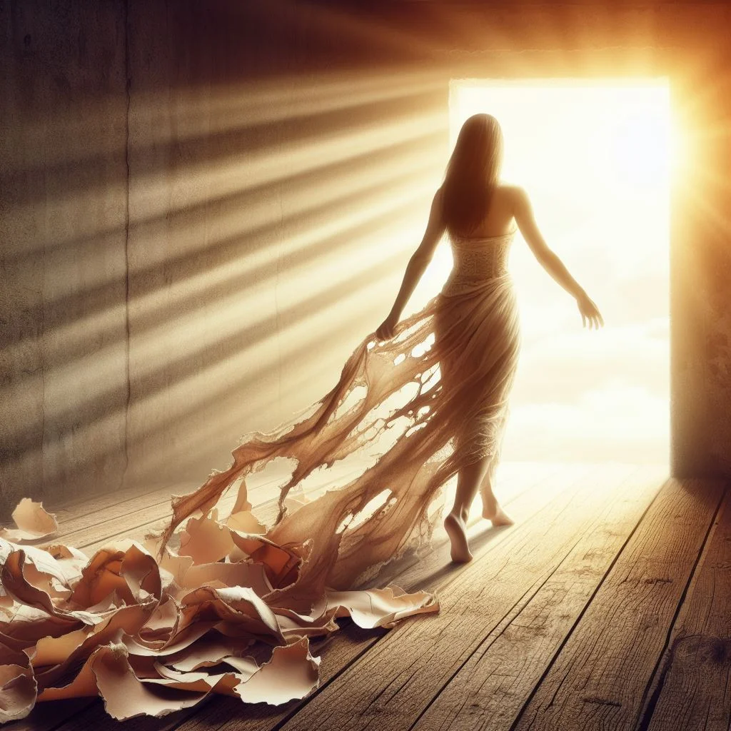woman shedding her spiritual skin and walking through a door into sunlight