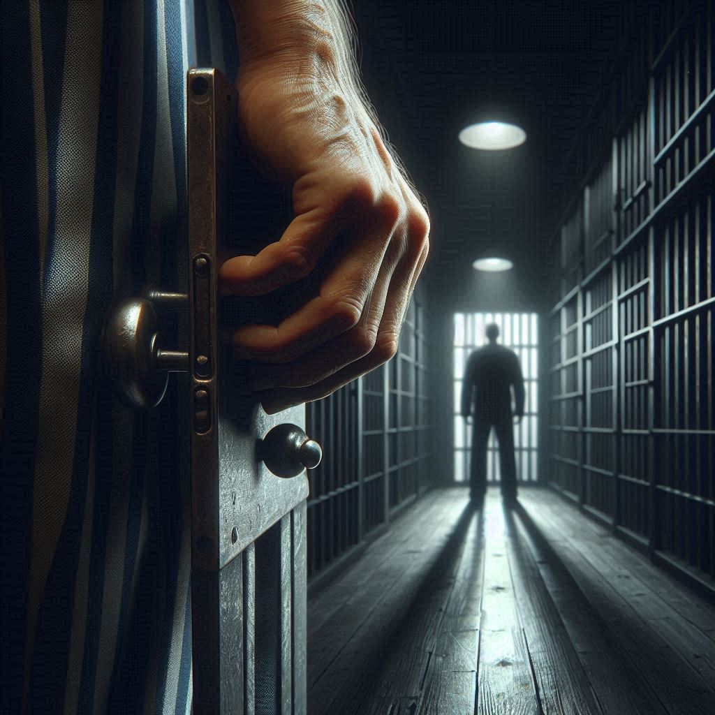 A hand unlocking a jail cell, and a guard standing in silhouette at the end of the corridor