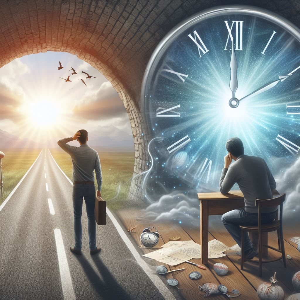 one man sitting in front of a clock regretting the past; another standing in the sunlight looking at a bright path ahead