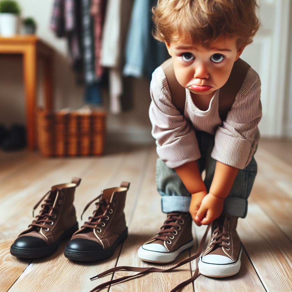 little boy pleading with someone to tie his shoelaces