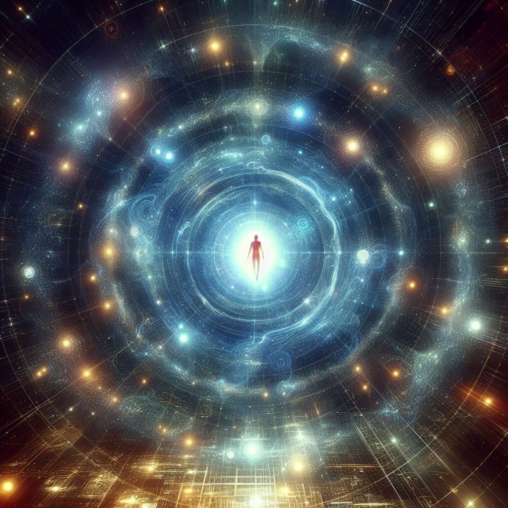 glowing figure standing in the middle of a universal vortex