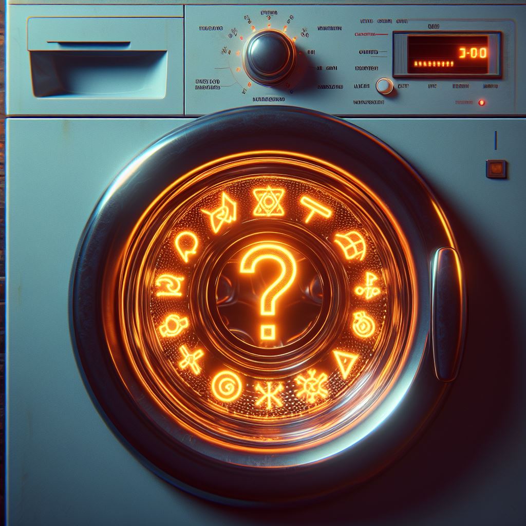 Washing machine with glowing cryptic symbols and a glowing question mark in the middle