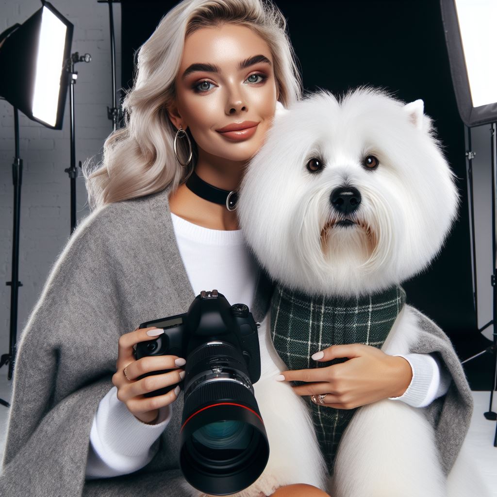 An influencer with her celebrity dog, posing for the camera