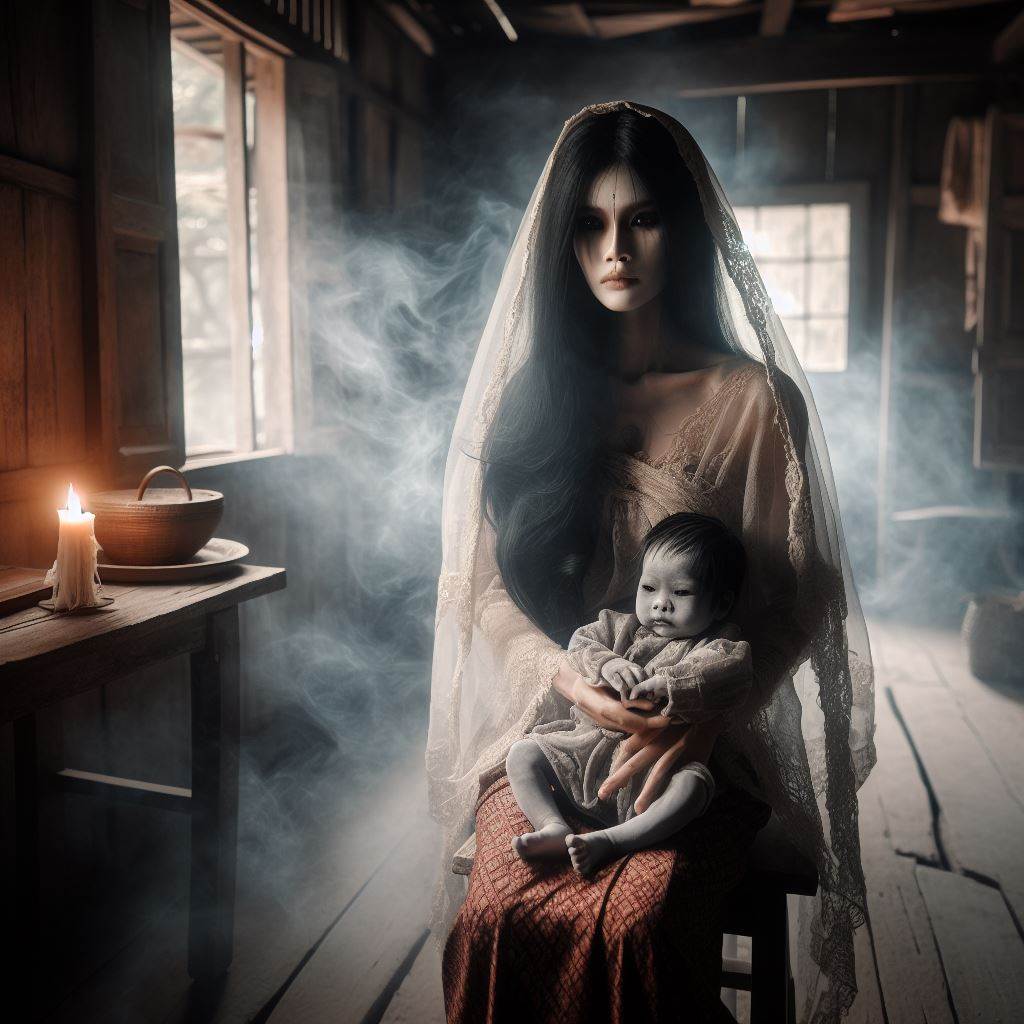 thai ghostly woman holding baby in an old thai house