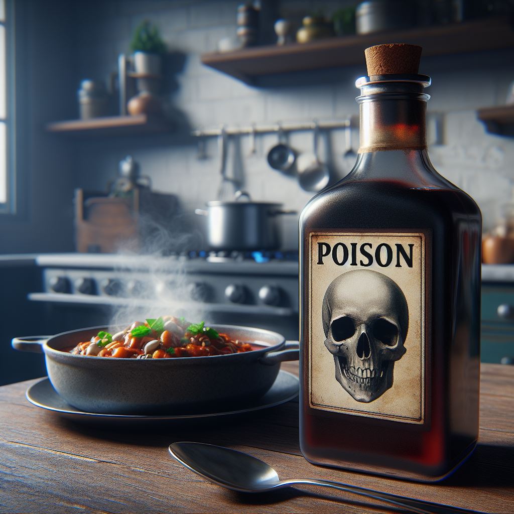 bottle of poison on a kitchen table next to a hot plate of food