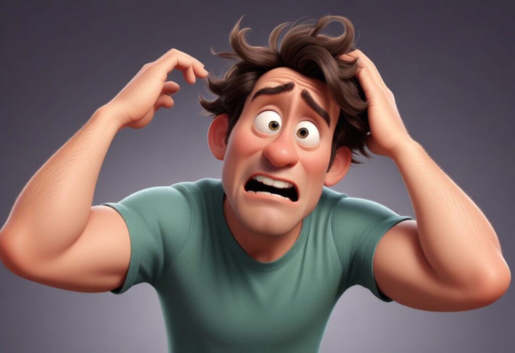 man looking stressed and pulling his hair -- looks like a disney pixar image