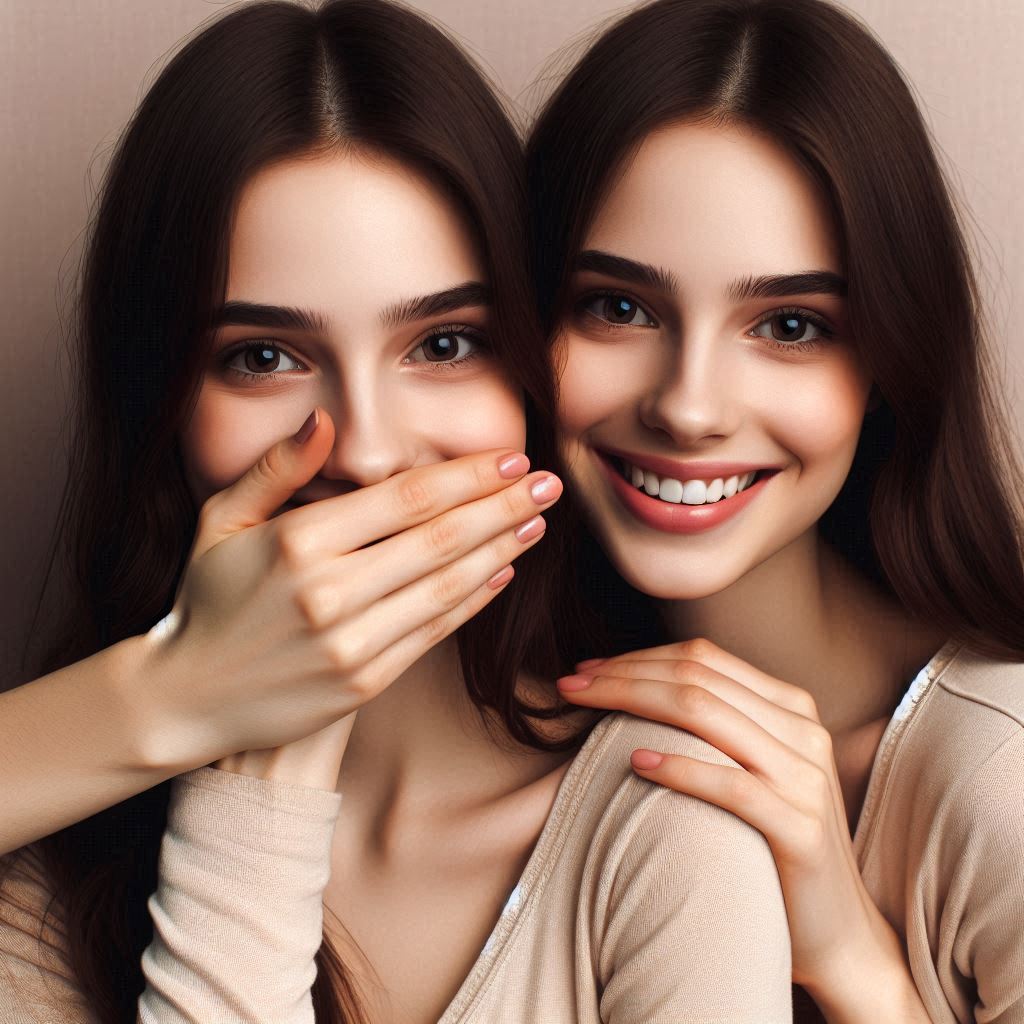 Identical female twins, one covering the mouth of the other with her hand