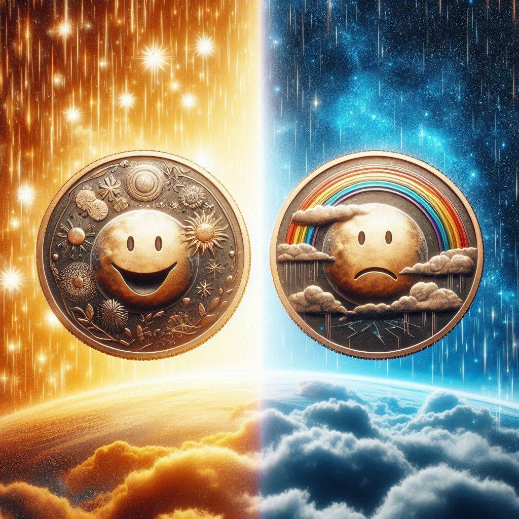 two coins; one shows a happy smiling face; the other shows a sad, face